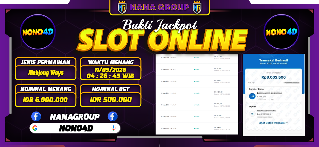 Bukti Kemenangan Besar Dibayar lunas Member NONO4D RP 6.000.000, 11 Mei 2026