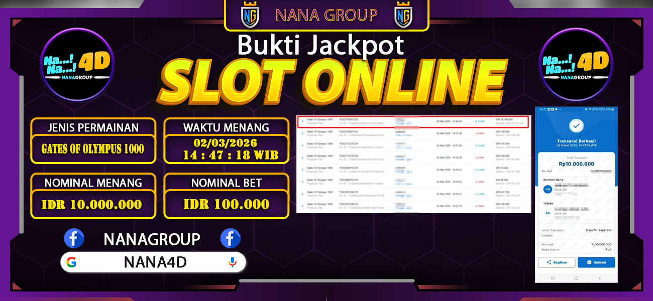 Bukti Kemenangan Besar Dibayar lunas Member NANA4D RP 10.000.000, 2 Maret 2026